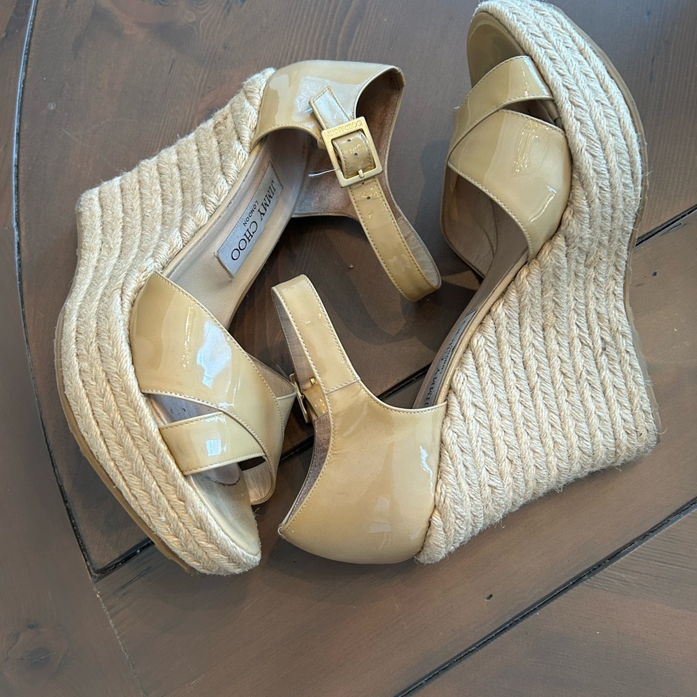 Jimmy Choo Beige Patent Wedge Platform Nude Sandals - 40